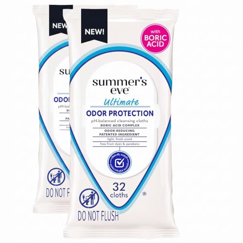 Summer's Eve Ultimate Odor Protection Daily Feminine Wipes, Gentle pH-Balanced Formula with Boric Acid Cleanses &amp; Removes Vaginal Odor, Resealable Pack, 32 Body Wipes (Pack of 2)