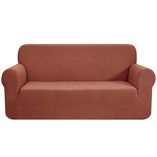 Chun Yi Stretch Sofa Slipcover 1-Piece Couch Cover，3 Seater Settee Coat Soft With Elastic Bottom, Checks Spandex Jacquard Fabric, Large, Brick #TOP4