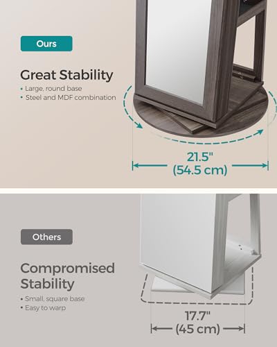 SONGMICS 360° Swivel Jewelry Cabinet, Lockable Jewelry Organizer with Full-Length Mirror, Rear Storage Shelves, Interior Mirror, Jewelry Armoire, Gift Idea, Ash Brown UJJC006K02