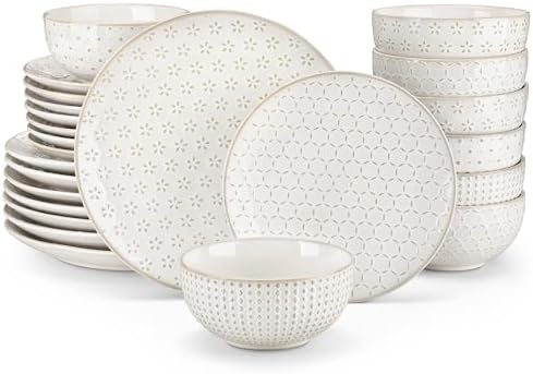 MALACASA LYDIA Geschirrset 8 Personen, Tellerset 24-tlg Steingut Relief | Vier Reliefmuster, Modernes Design, Speise-, Dessertteller & Müslischalen, Mikrowellengeeignet