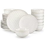 MALACASA 24 Piece Dinnerware Set, Embossed Ceramic Dish Sets Service for 8, Plates and Bowls Set, Durable Stoneware Tableware for Family Dinners, Dishwasher & Microwave Safe