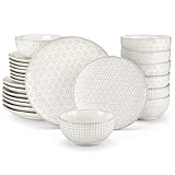 MALACASA Geschirrset für 8 Personen, 24 tlg Steingut Geschirr Handmade mit Teller set, Dessertteller, Tafelservice Modern Mit Relief, Serie LYDIA Beige