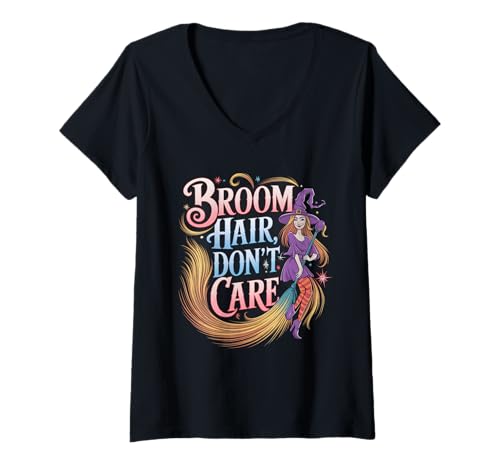 Mujer Pelo de bruja divertido - Escoba pelo no importa fiesta de Halloween Camiseta Cuello V