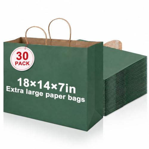 Maitys 30 Pack 18x14x7 Inch Large Green Paper Bags with Handles
