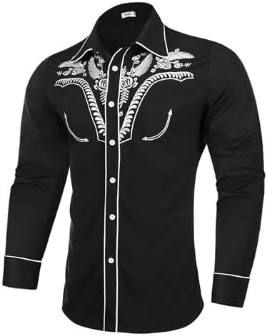 Sykooria Men's Shirts Long Sleeve Casual Vintage Floral Embroidery Button Down Western Shirts Regular Fit S-XXL