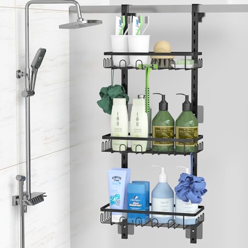 VyGrow Over the Door Shower Caddy with 36 Hooks, Hanging Shower Organizer with Adjustable Door Hooks and Rack, Rust Proof Shower Shelves Drill Free, Black