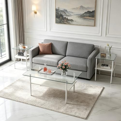 Image of 3 Piece Living Room Table Set, Include 1 Rectangle Coffee Table with 2 Square End Tables, White Glass Coffee Table Sets with Storage Shelve and Metal Legs,for Apartment Small Space