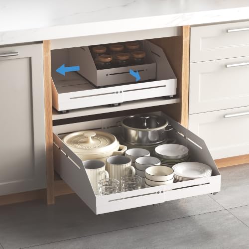 Pull Out Cabinet Organizer 15.8"-23"D&10"-16"W Raised Walls White