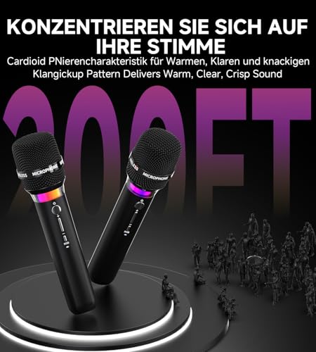 ECHOMUSSY Mikrofon Kabellos, Wiederaufladbare Kabellose Doppel mikrofone Mit 1:1-Chip-Verbindung Und LED-Leuchten, 40 Stunden Laufzeit, 200 Fuß Empfangsreichweite, Karaoke Mikrofon Zum Singen