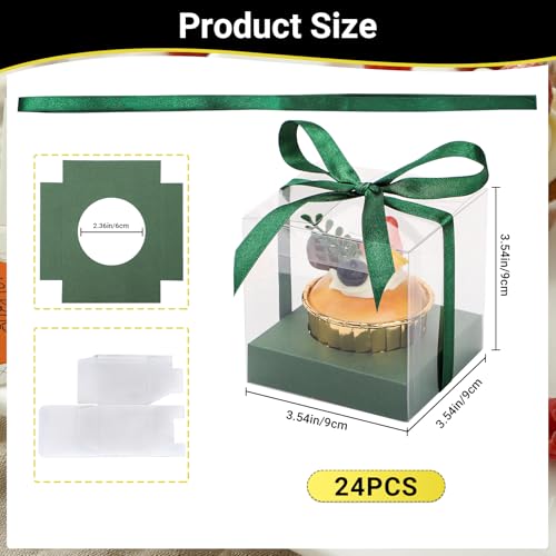 EUSOAR Plastic Green Cupcake Wrappers, 24pcs 3.5 Inch Individual Cupcake Holder Cake Containers with Lids, Single Transparent Cupcake Holder Containers for Wedding Birthday Favor Party