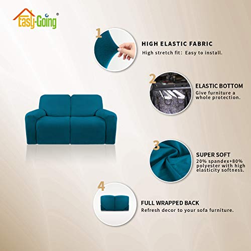 Image of Easy-Going 6 Pieces Stretch Sectional Recliner Sofa Slipcover Soft Fitted Fleece 2 Seats Couch Cover Washable Furniture Protector with Elasticity for Kid Pet (Recliner Loveseat,Peacock Blue)