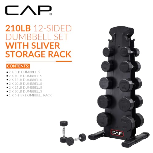 CAP 210 lb Rubber Coated 12-Sided Dumbbell Set with Vertical Rack, Space-Saving Storage for Home Gym Strength Training, Chrome Handle, Black Rack by CAP - Image 2