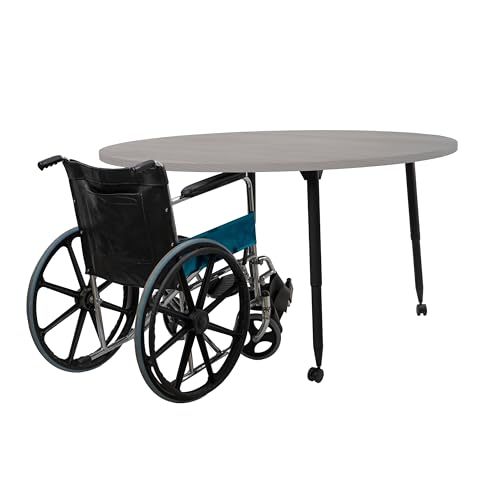 Image of Adapte Commercial Classroom Activity Table - 60 inch Round Woodgrain, ADA Compliant Tapered Legs with Glides & Casters, Adjustable Height 22-34 inch Wheelchair Accessible, School & Office Furniture