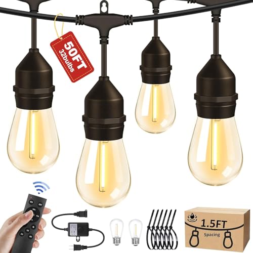 Porbench 50FT Outdoor String Lights with 32+2 Bulbs (1.5FT Bulbs Spacing), Remote & Dimmer, Commercial Patio String Lights with 3 Mode Light & Timing, IP65 Waterproof, 50PC Mounting Ties for Outside by Porbench - Used condition - US$46.99