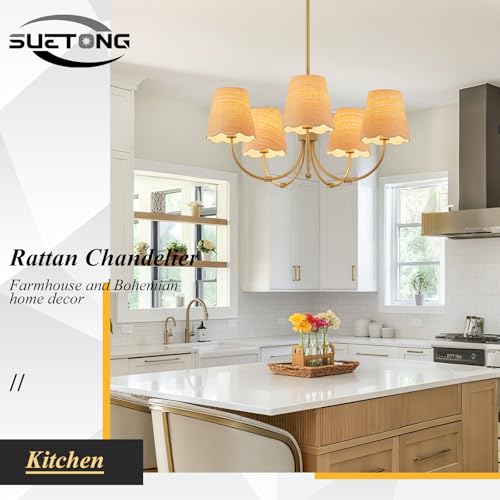 SUETONG Boho Rattan Chandelier, Antique Brass Farmhouse Chandeliers, 5-Lights Coastal Pendant Light Fixtures for Dining Room Kitchen Island Living Room - Image 8