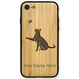 Case Compatible with iPhone 6 and iPhone 6s, Cat with Butterfly, Personalized Engraving Included (Bamboo)