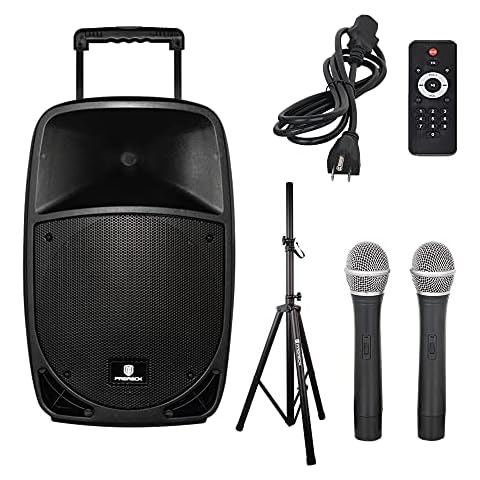 PRORECK Freedom 15 Portable 15-Inch 800 Watt 2-Way Rechargeable Powered Dj/PA Speaker System with Bluetooth/USB/SD Card Reader/FM Radio/Remote Control/Wireless Microphones/Speaker Stand Cover