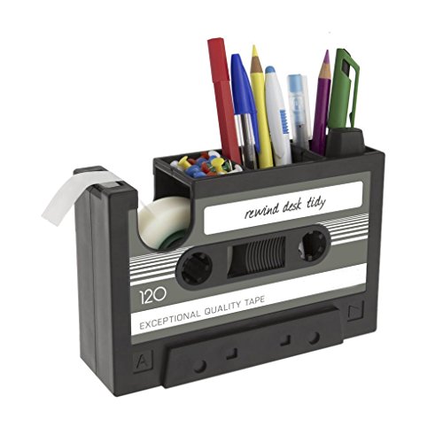 Créatif Pot à Crayons Forme Cassette Rétro Dérouleur Dévidoir de Scotch Organiseur Bureau Mulit-Fonctionnel Boîte de Stylos Pot à Pinceaux de Maquillage, offrir 1 Rouleau de Scotch Cover