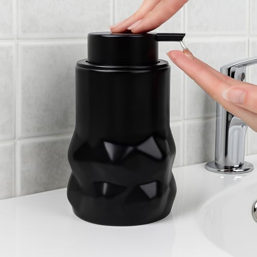 BosilunLife Lotion Pump Dispenser - Matte Black Soap Dispenser Bathroom Ceramic Dish Liquid Soap Dispenser for Kitchen, Bathroom Countertop Soap Dispensers, Modern Stylish (Diamond Shape) Bl