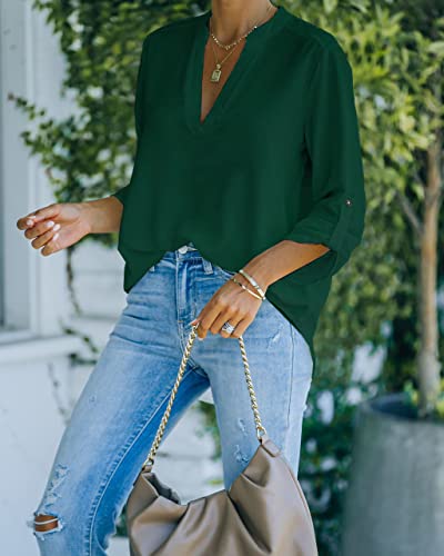Aisew Womens Casual V Neck Shirts Cuffed Sleeves Chiffon Blouses Loose Solid Henley Work Tops (1169Dark Green, Xl) #TOP5