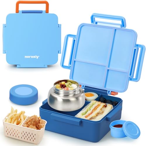 Norxely Bento Box for Kids with Thermos, [Large Capacity] Insulated Lunch Box Kids with 4 Compartment for Ages 3+, Drop-Proof & Dishwasher Safe Lunchbox Container Blue