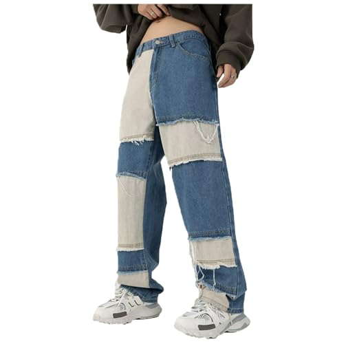 Jeans Pants Trousers Denim Tassel Trendy Street Loose Edge Splicing Blue Retro Thin Casual Commuter Straight Leg for Men