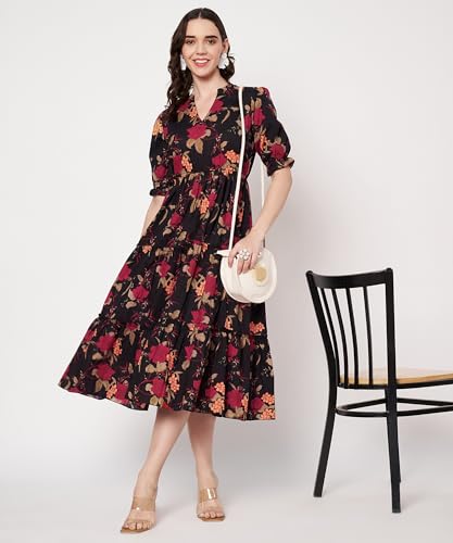 Image of PIDAVLIYA'S Women's Cotton Floral Printed Midi Dress | V-Neck Fit & Flare Dress with Puff Sleeves | Casual Summer Wear