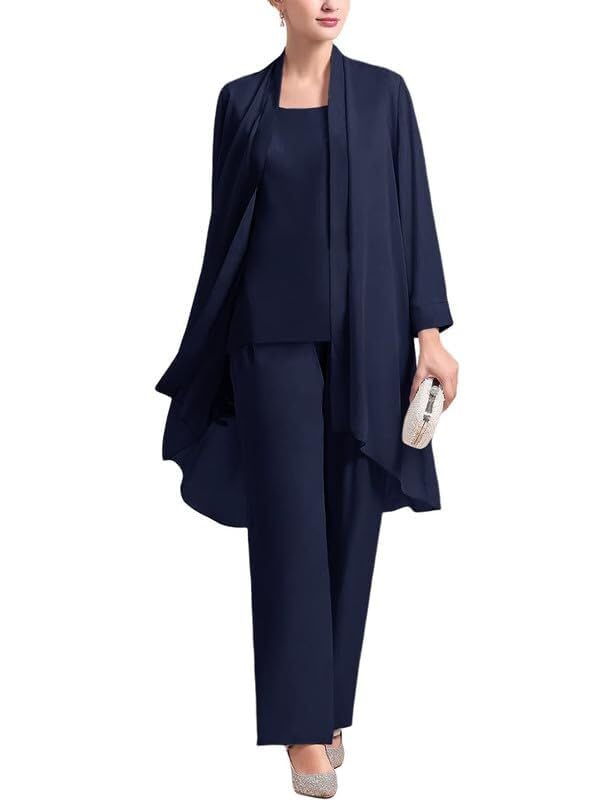 Women's Mother of The Bride Pant Suits 3 Pieces Chiffon Outfit Sets for Wedding Guest Evening Party Gowns2