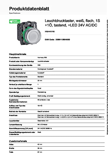 Schneider Electric Harmony XB5 Leuchtdrucktaster, 22mm, universelle LED, glatte Kalotte, 1S + 1Ö, 24V ACDC, Kunststoff, weiss, Artikelnummer XB5AW31B5