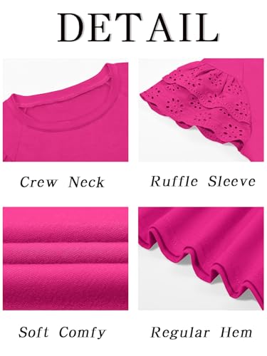 Haloumoning Girls Ruffle Sleeve T Shirts Summer Short Sleeve Casual Cute Crewneck Tops Tees 5-14 Years Rose Red