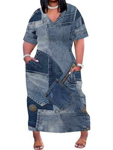 Image of Plus Size Maxi Dress for Women Short Sleeve V Neck Casual Loose Sundress with Pockets