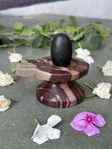 Image of Shivam VASTU AKAL 1.5 inch Original Narmadeshwar Narmada Shivling with 3 inch Narmada Stone Yoni Base Jaladhari (Black Shivling, Multicolor Damru Jaladhari)