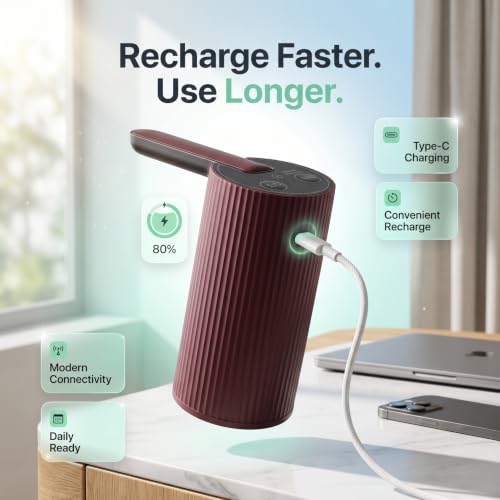 Image of Rechargeable Automatic Water Dispenser Pump for 20 Litre can Bottle with 3 Timer Modes, Type-c Charging, Folding Hose and BPA Free Electric Water Pump for Home & Office
