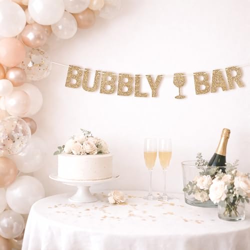 Image of Pre-Strung Bubbly Bar Banner - Gold Glitter Champagne Mimosa Bar Banner | No DIY - Pre-Strung on 10 ft Strand - Drink Sign - Pearls & Prosecco Bridal Shower Brunch Bachelorette Party Decorations