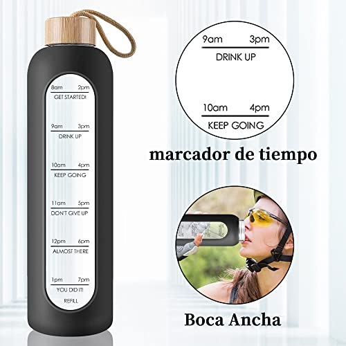 Gistome Glas Trinkflasche 1L mit Zeitmarkierungen und Bambusdeckel