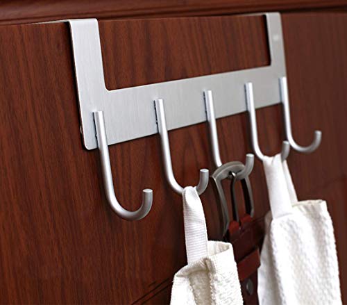 Over Door Hook,Door Hanger For Coat,Bag,Robe,Towel，Bathroom,Sturdy Waterproof Anti-Rust 5-Hooks Aluminum Silver And Grey 2Pack #TOP3
