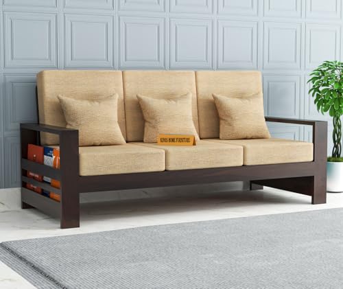 Image of Sheesham Wooden 3 Seater Sofa for Living Room | Rosewood 3 Seater Cushion Sofa with Side Rack | Solid Wood Sofa Set for Lounge (3 Seater,Walnut)