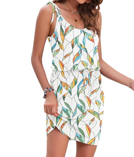 Image of AUSELILY Womens Summer Dresses Sleeveless Spaghetti Strap Beach Cover up Drawstring Waist Mini Short Dress with Pockets
