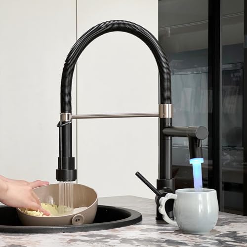 TIMACO Robinet de cuisine noir à LED, douchette extensible avec blocage, pivotant à 360°, avec ressort en spirale, mitigeur monocommande, robinet d'évier haute...