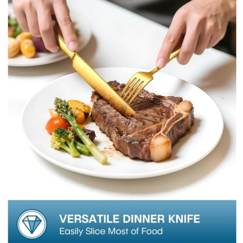 Image of Clovis Stainless Steel Flatware Set 4 Pieces, Titanium Plated Mirror Finish, Cutlery Set for 1 with Knife Fork Spoon and Teaspoon, Gold