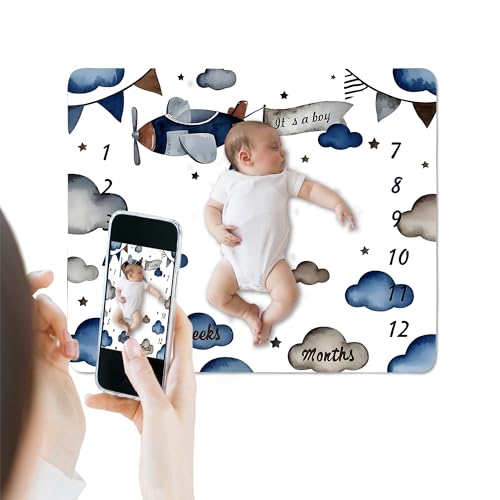 Image of Airplane Theme Baby Monthly Milestone Blanket for Boys, Soft Flannel Aircraft Pilot Cloud Stars Pattern Photography Prop Baby Shower Age Newborn Mom Gifts Nursery Decor (Gray Blue, 48x48in)