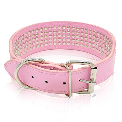 Berry Pet Rhinestones Dog Collars - 2" Width With 5 Rows Full Sparkly Crystal Diamonds Studded Pu Leather - 2 Inch Wide -Beautiful Bling Pet Appearance For Medium & Large Dogs,21-24" Pink #TOP2