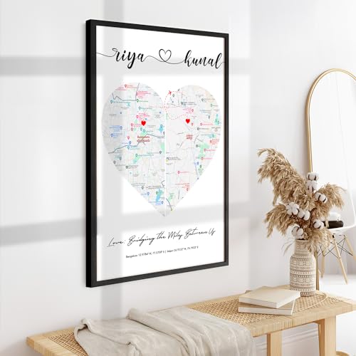 Image of Ritwika's Personalized Picture Frame With Long Distance Map - Customize With Your Name, Message And Place | For Couples and Friends | In Two Size 9.5 x 13.5 and 13.5 x 19.5 Inch, Set of 1