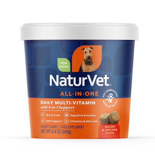 NaturVet All-in-One Dog Supplement - for Joint Support Digestion Skin Coat Care Dog Multivitamins with Minerals Omega-3 6 9 Wheat-Free Vitamins for Dogs 60 Soft Chews