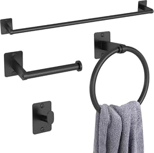 バスルーム用金具5点セット - ステンレス製タオルバーセット - 壁掛け金具、タオルリング、フック、トイレットペーパーホルダー付き | バスルーム用