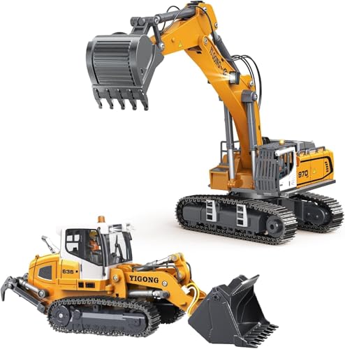 ADTHLIER Adult Metal Mini Remote Control Excavator and Loader 1:50 scale features a lever-driven digging system and comes with two batteries, making it an ideal gift for model enthusiasts and children