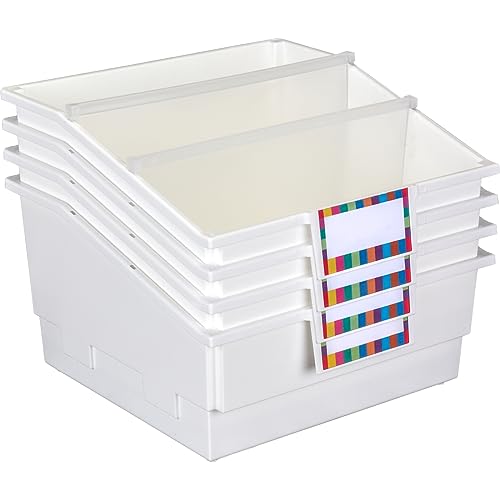 Image of Really Good Stuff White Picture Book Classroom Library Bins, 4 Pack | 13.5 inch x 13.5 inch x 7.75, Large Plastic Bin Organizers for Book Organization, Documents, Files, Magazines