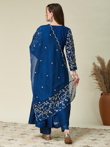Image of MOKOSH Women's Silk Anarkali Kurta Pant with Dupatta | Anarkali Kurta Set | Embroidered | 3 Piece Outfit | Floral Ethnic Suit 4 Colour Options Available