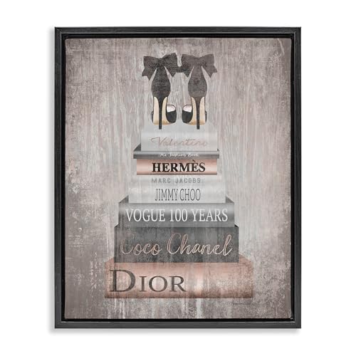 Image of 'Book Stack Heels Metallic Pink'| Floating Frame Canvas Art | Stupell Industries | Black, 25 x 31 Inches, Easy to Hang and Sturdy, Made in USA, by Amanda Greenwood