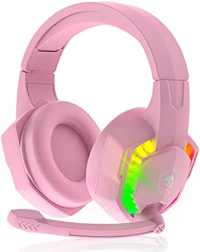 AJAZZ PC Headset, Gaming Headphones with Mic, Usb Gaming Headset Ps4, Backlit LED Headset 3D Surround Sound Noise Canceling Mic, RGB Wired Deep Bass Headset, for PS5, Laptop, Nintendo Switch (Pink)